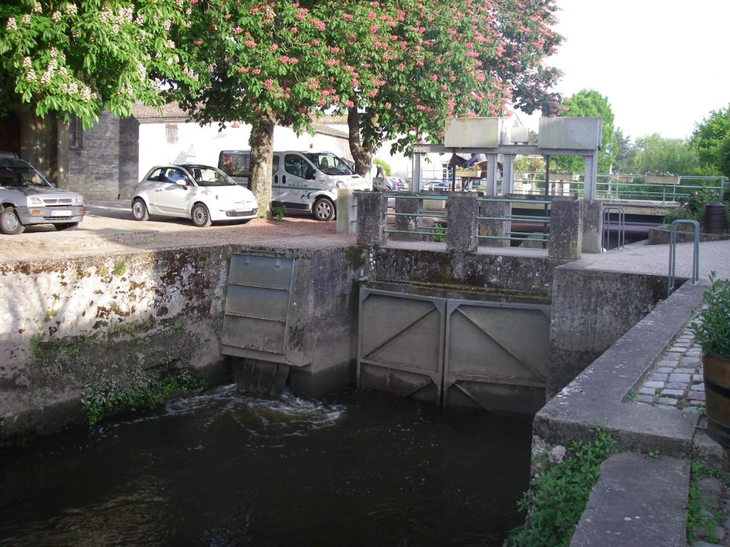 Vue depuis l’aval sur l’ouvrage à marée du Saucats à marée basse (© EgisEau -11 février 2014 )